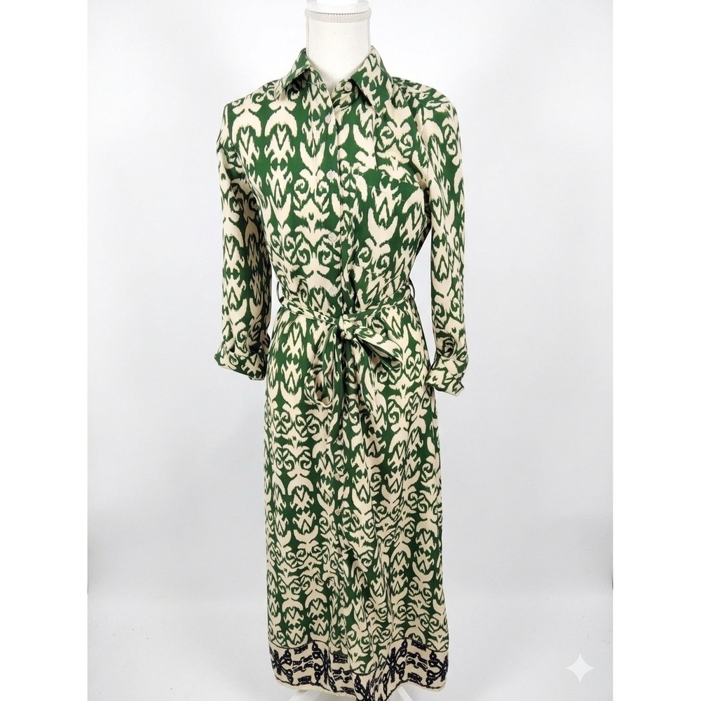 Japna Green Cream Ikat Print Maxi Shirt Dress Long Sleeve Tie Waist XS